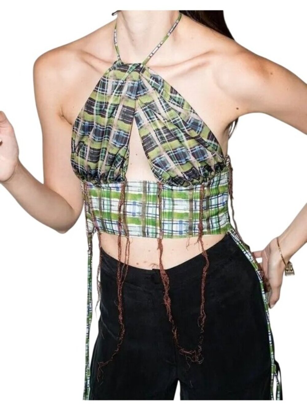 Danielle Guizio Plaid Cut-Out Ditreed Halterneck Top in Green - Picture 2 of 4